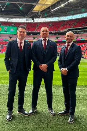 MUTV presenter Mark Sullivan with Former Manchester United Players Wes Brown and Danny Webber in Callum Blue Suit