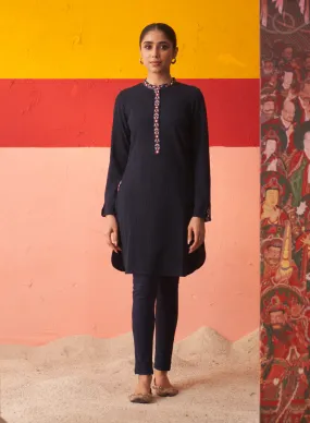 Navy Blue Woollen Kurta for Women with Threadwork