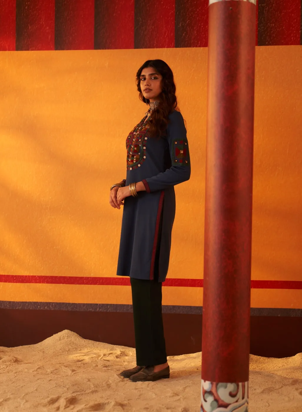 Navy Blue Woollen Kurti for Women with Thread Work and Sequins