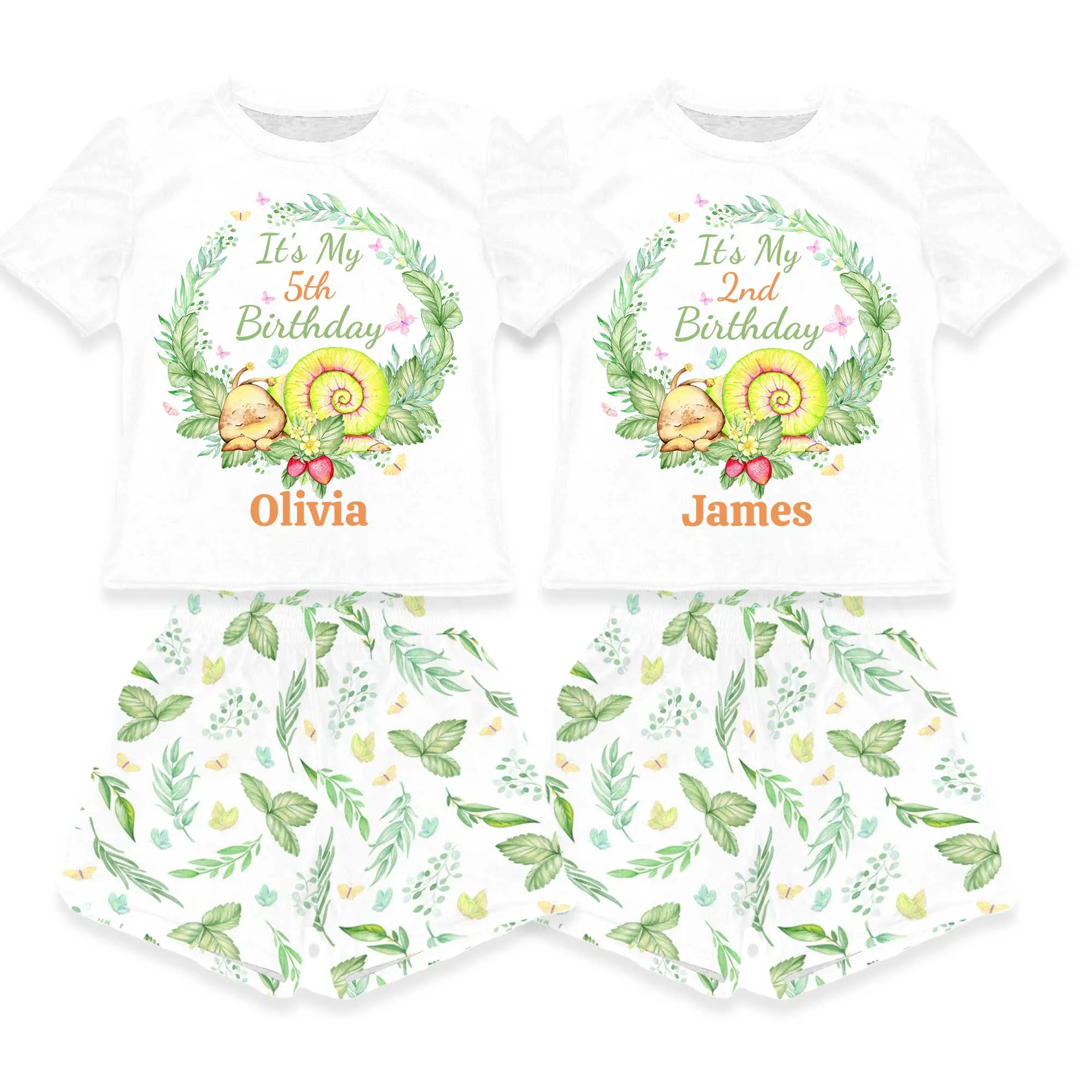 Personalised Snail Matching Birthday Shirt and Short Sets