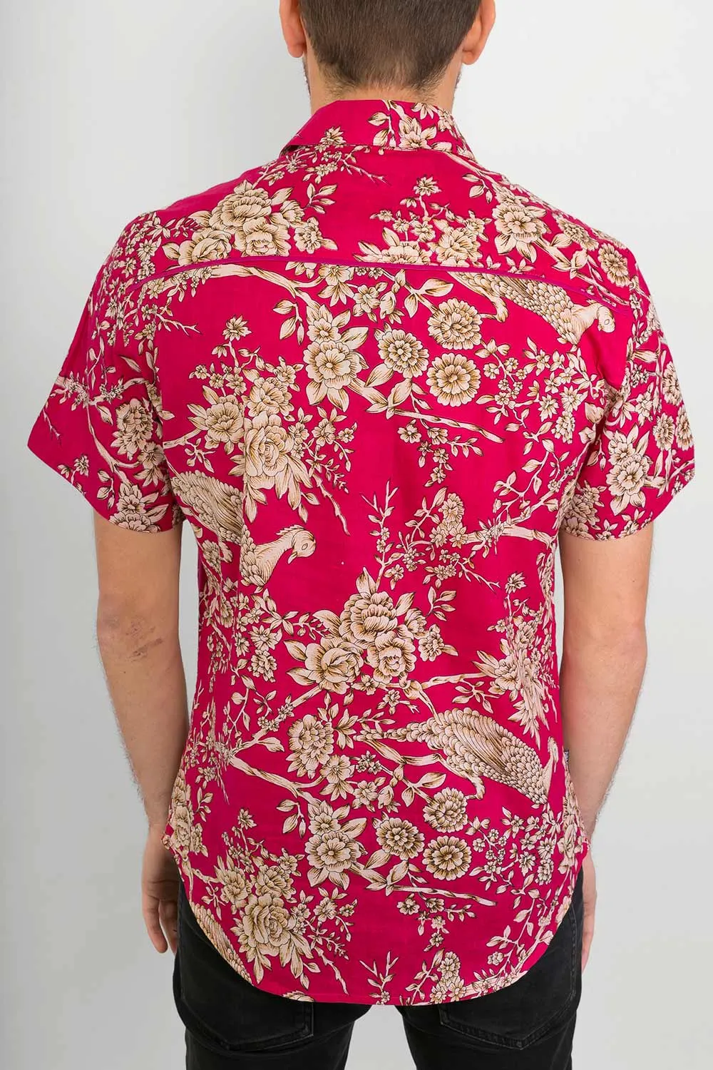 Pink Peacock Flowers Print Cotton Slim Fit Mens Shirt Short Sleeve