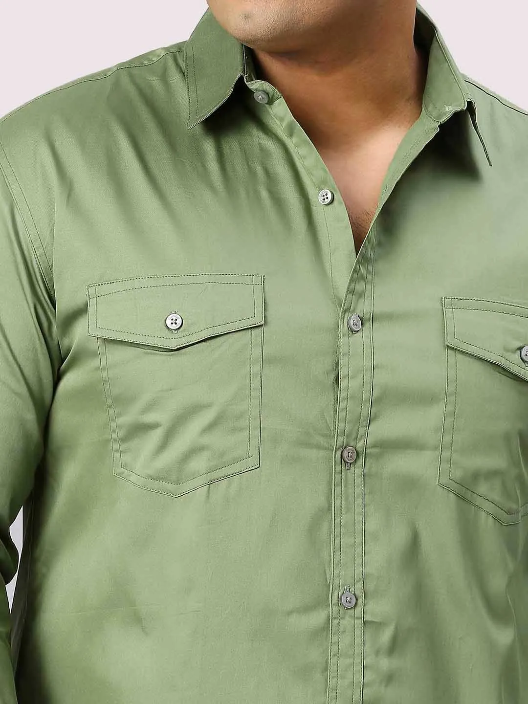 Pista Green Solid Pure Cotton Double Pocket Full Sleeve Shirt Men's Plus Size