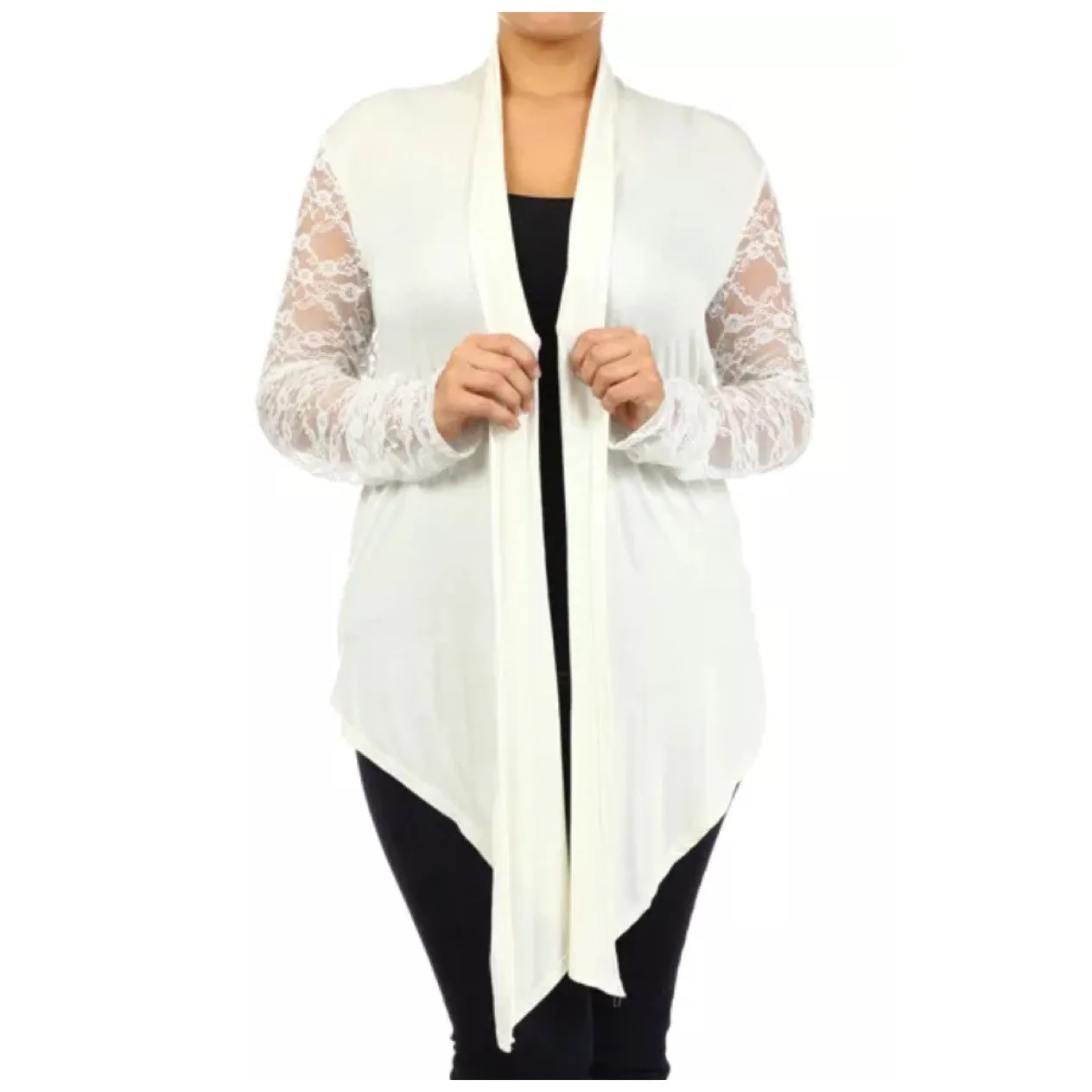 Plus Cardigan Lace Long Sleeve Open Front Asymmetrical Wrap Floral Casual Women