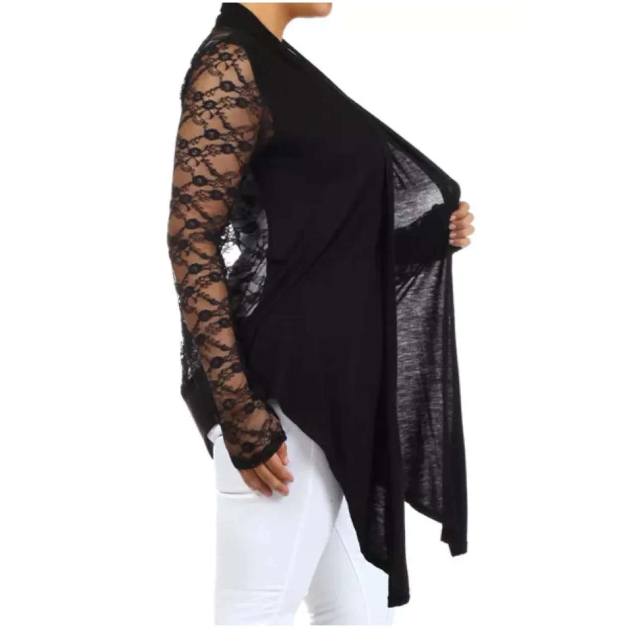 Plus Cardigan Lace Long Sleeve Open Front Asymmetrical Wrap Floral Casual Women