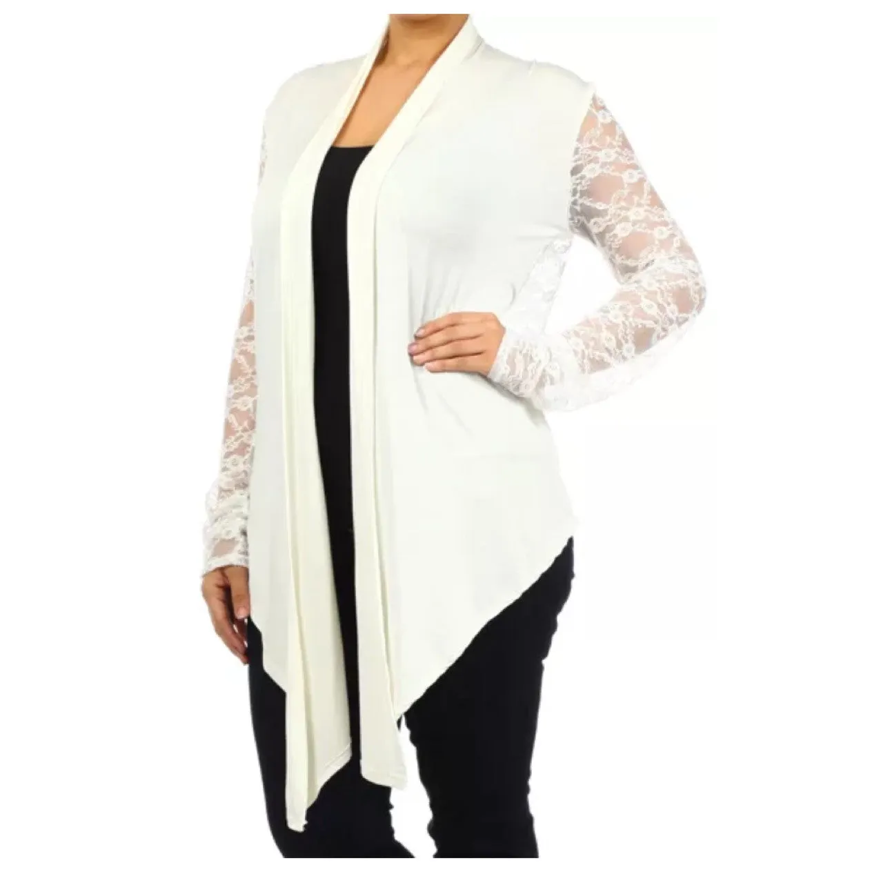 Plus Cardigan Lace Long Sleeve Open Front Asymmetrical Wrap Floral Casual Women