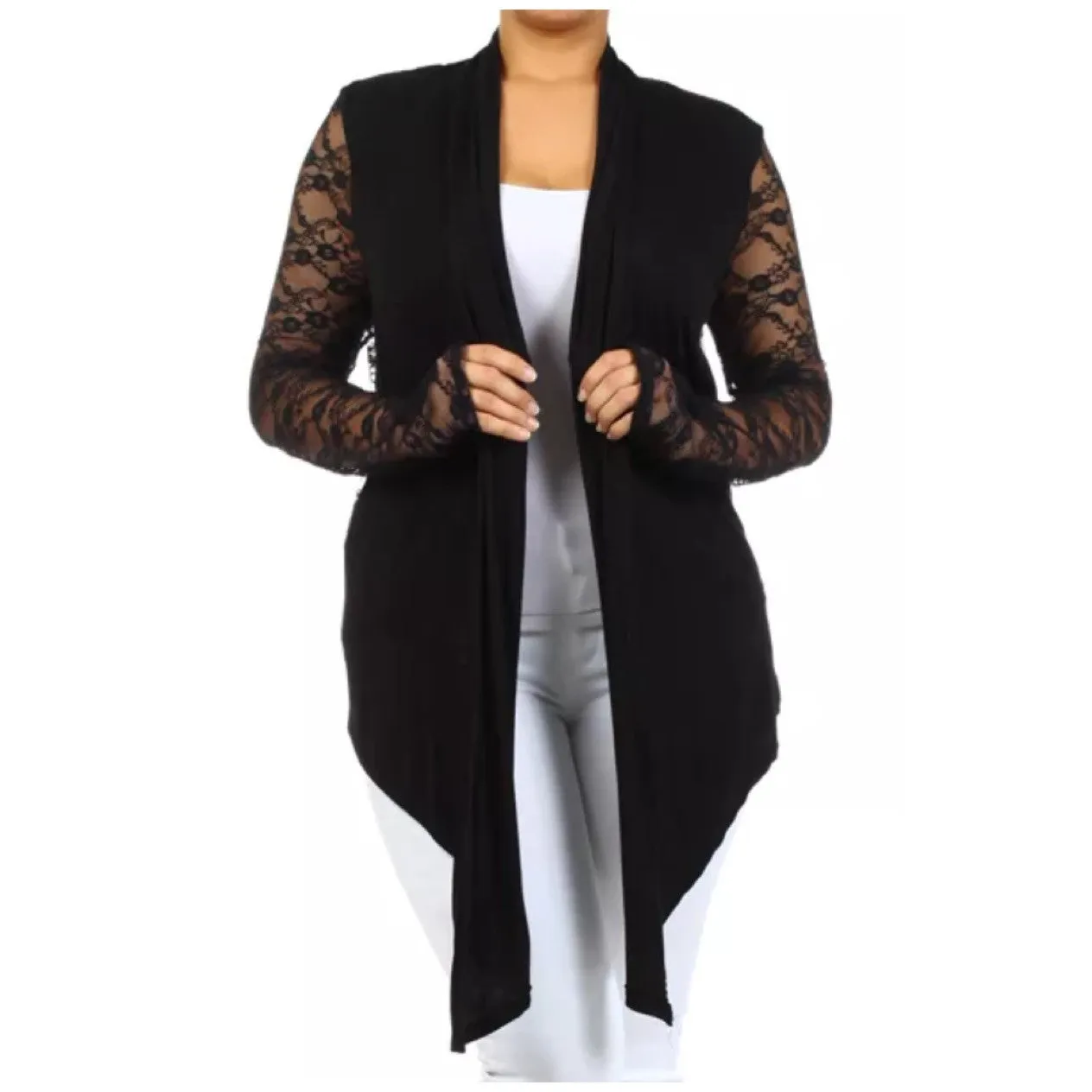 Plus Cardigan Lace Long Sleeve Open Front Asymmetrical Wrap Floral Casual Women