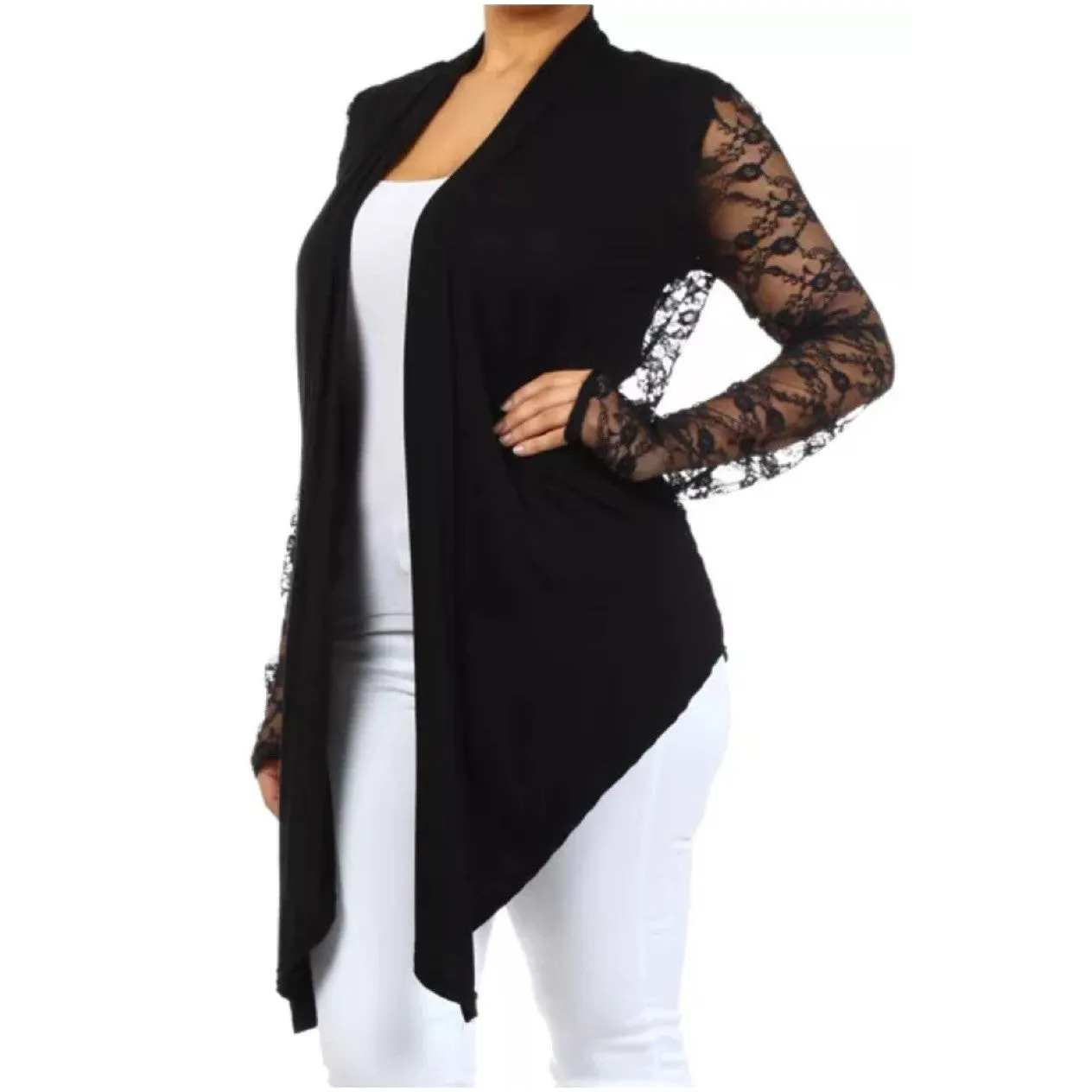 Plus Cardigan Lace Long Sleeve Open Front Asymmetrical Wrap Floral Casual Women