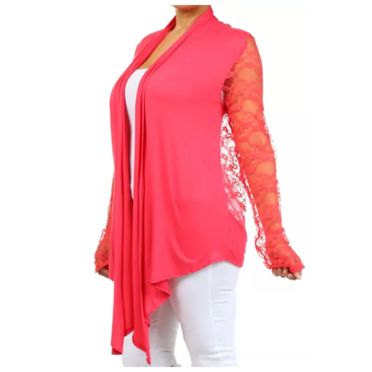 Plus Cardigan Lace Long Sleeve Open Front Asymmetrical Wrap Floral Casual Women