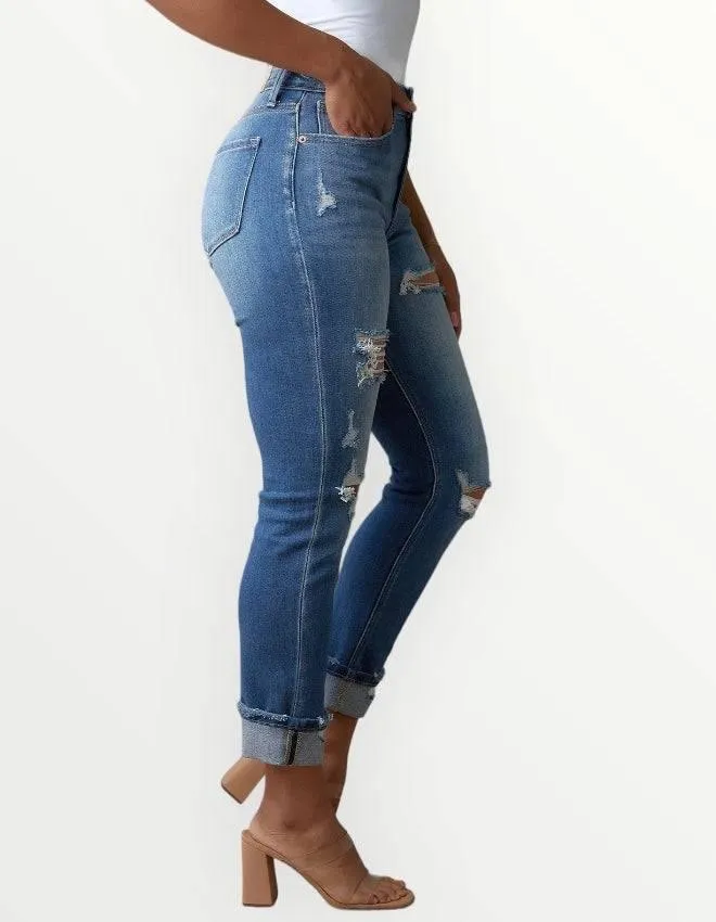 Plus Size Distressed High Waisted Straight Jeans