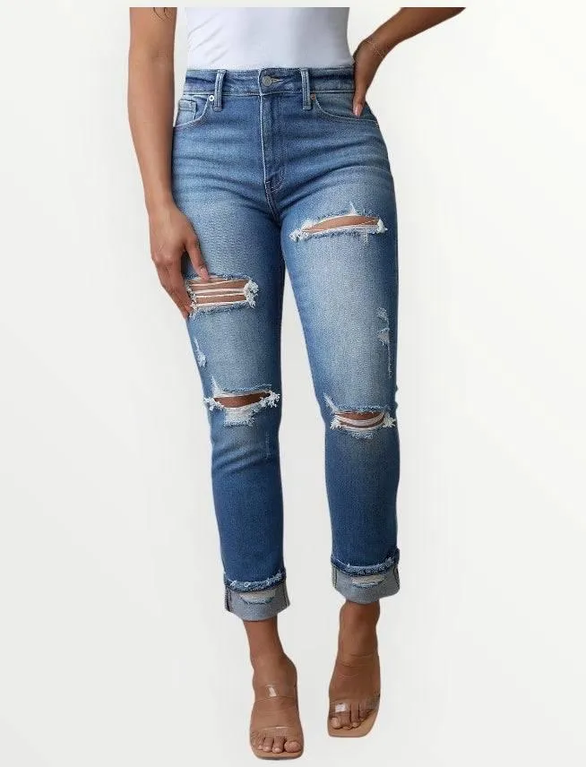 Plus Size Distressed High Waisted Straight Jeans