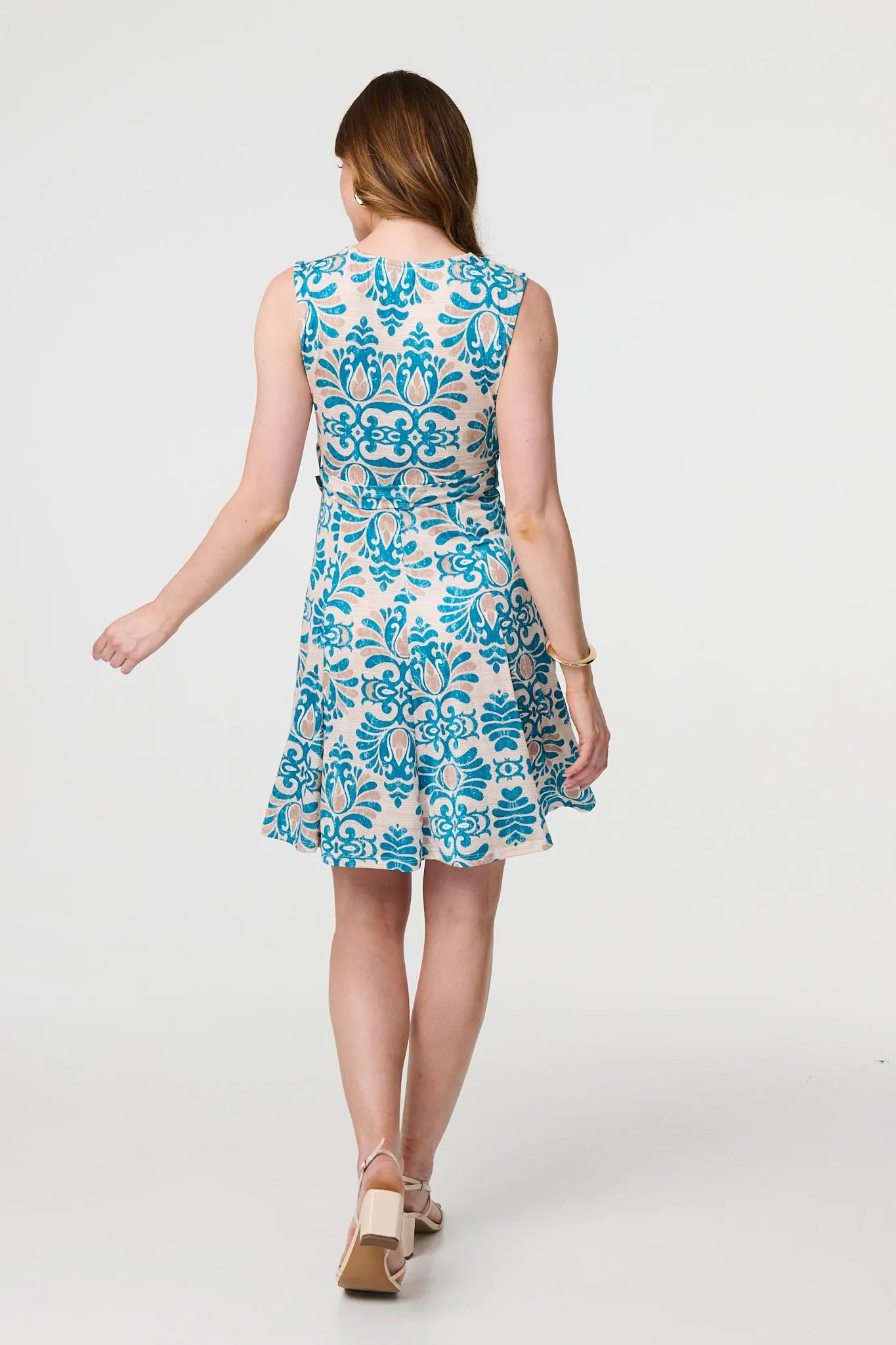 Printed Tie Waist Knee Length Skater Dress