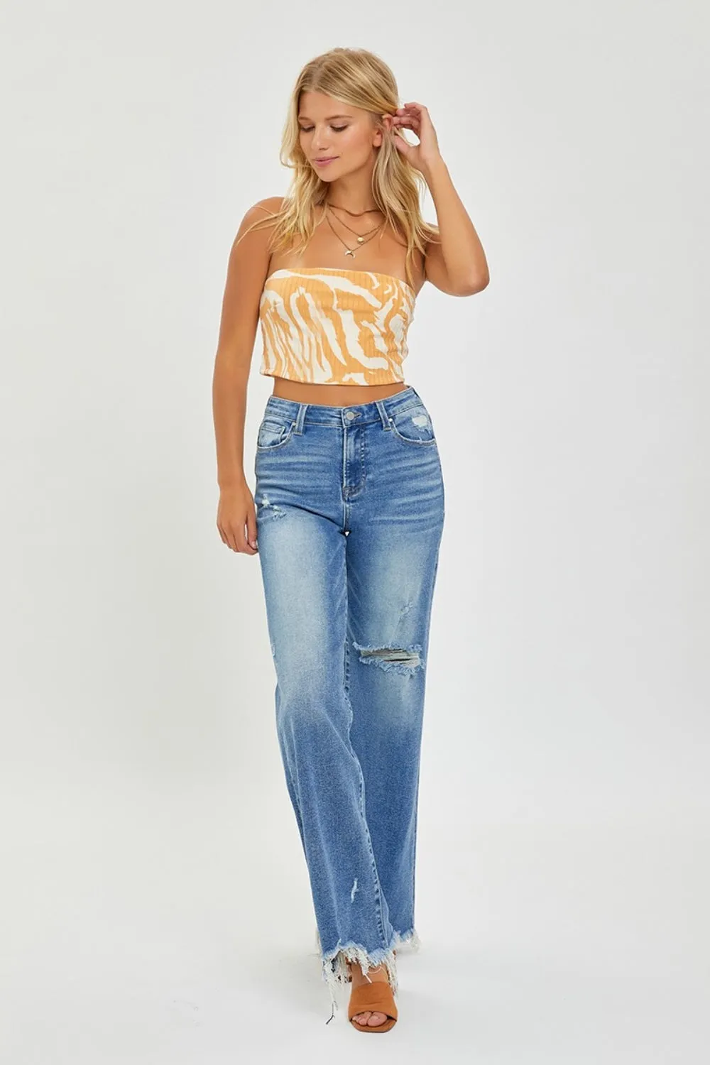 Risen Full Size High Rise Frayed Hem Wide Leg Jeans