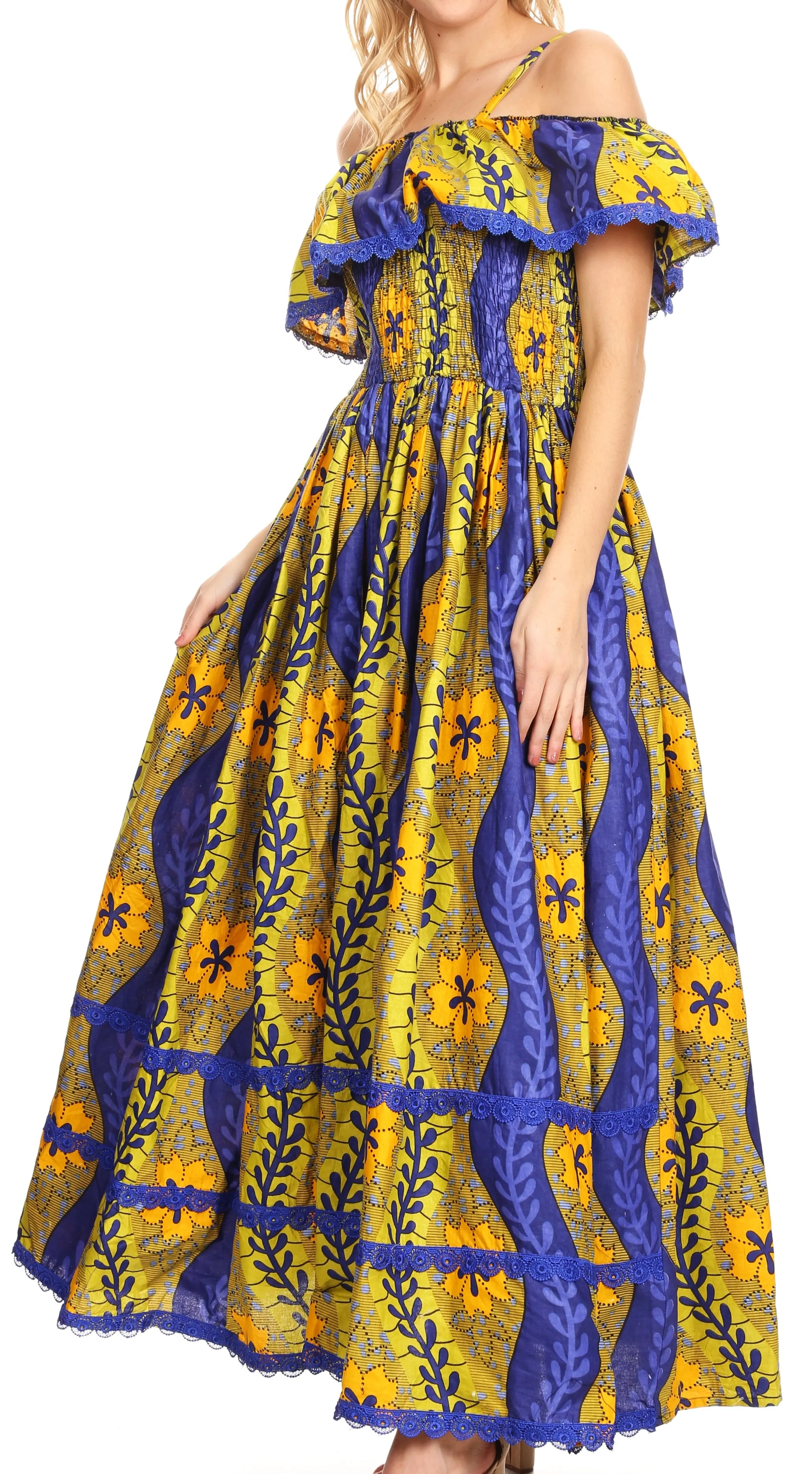 Sakkas Afua Women's Long Maxi African Ankara Wax Print with Overlay and Pockets