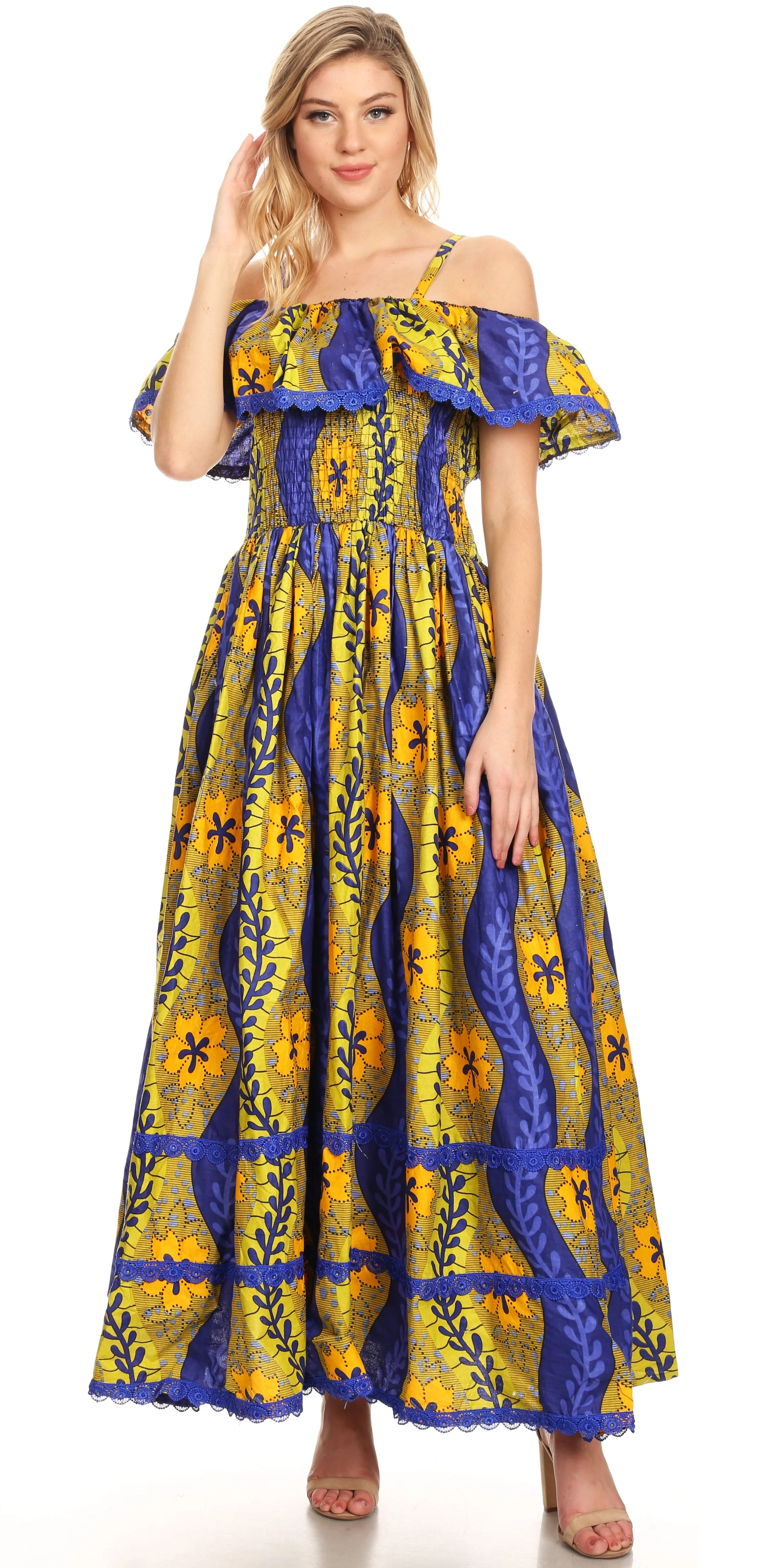 Sakkas Afua Women's Long Maxi African Ankara Wax Print with Overlay and Pockets