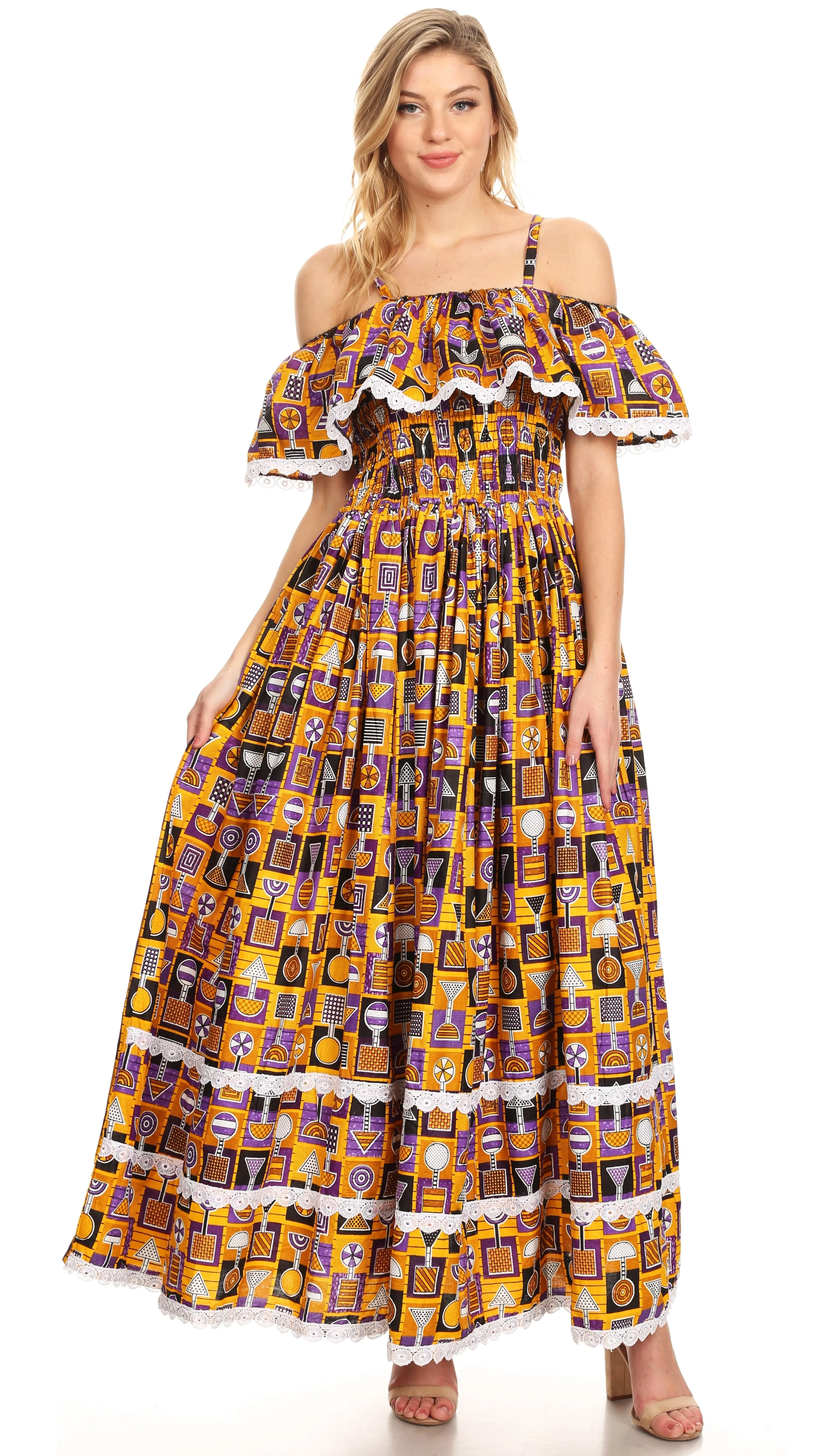 Sakkas Afua Women's Long Maxi African Ankara Wax Print with Overlay and Pockets