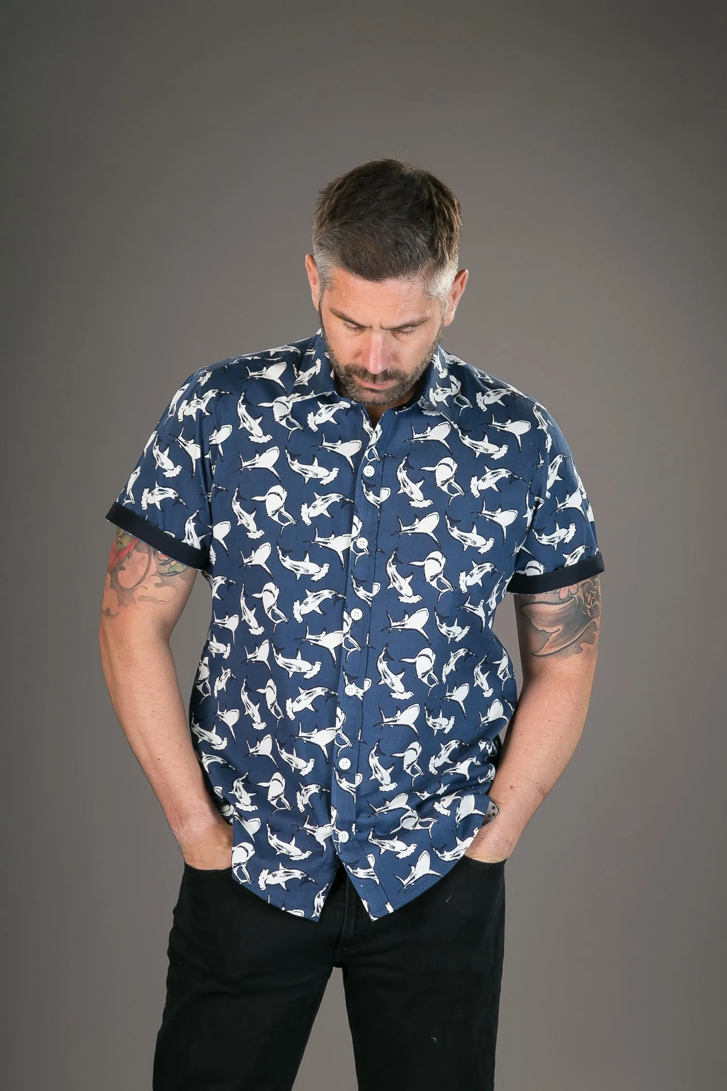 Sharks Grey Cotton Twill Slim Fit Mens Shirt Short Sleeve