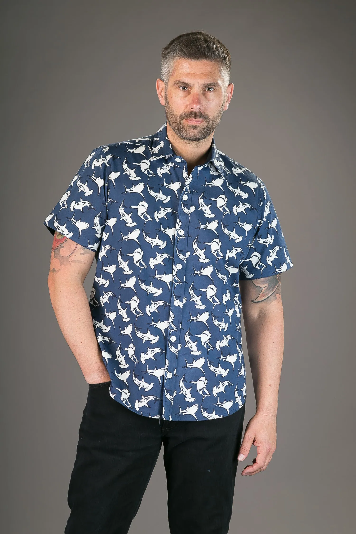 Sharks Grey Cotton Twill Slim Fit Mens Shirt Short Sleeve