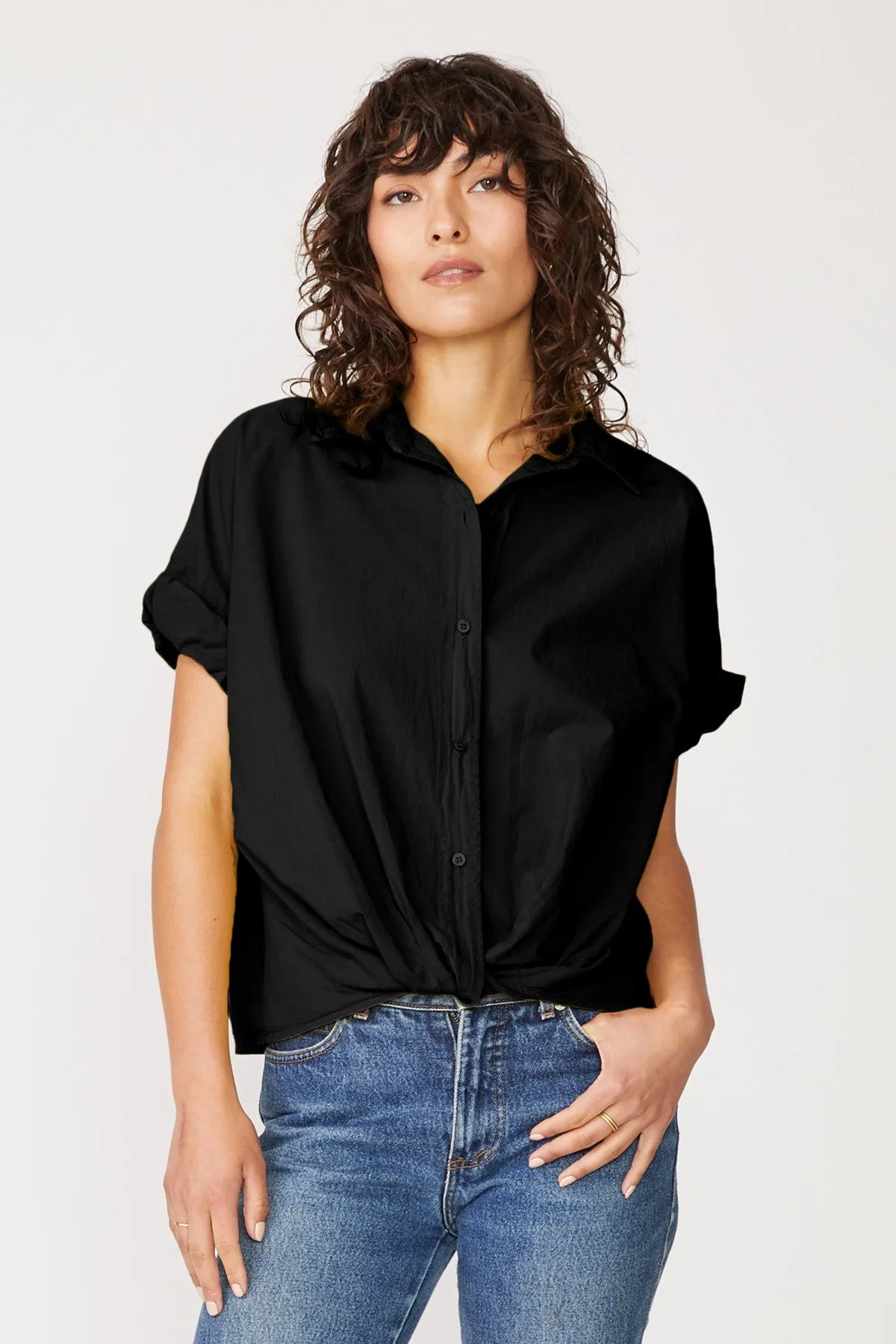 Stateside Voile Short Sleeve Front Twist Button Up Shirt in Black