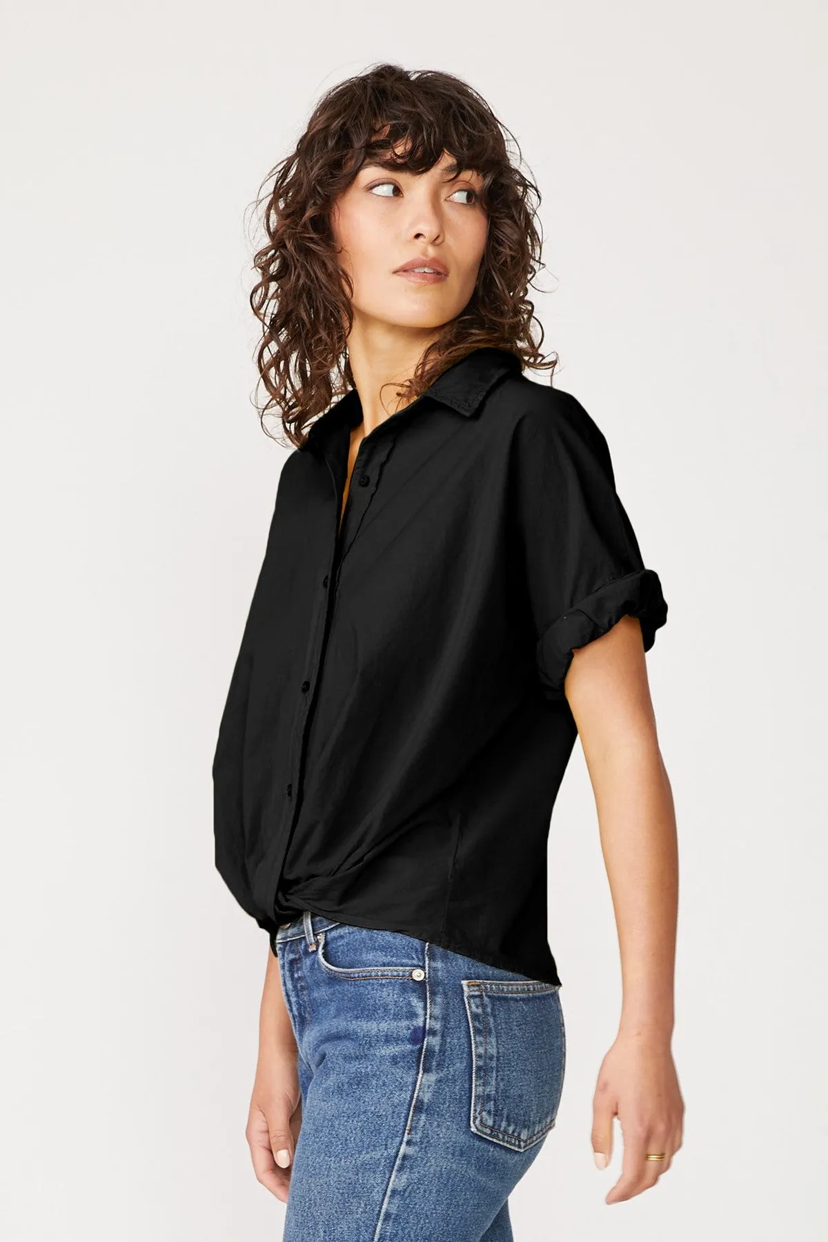 Stateside Voile Short Sleeve Front Twist Button Up Shirt in Black