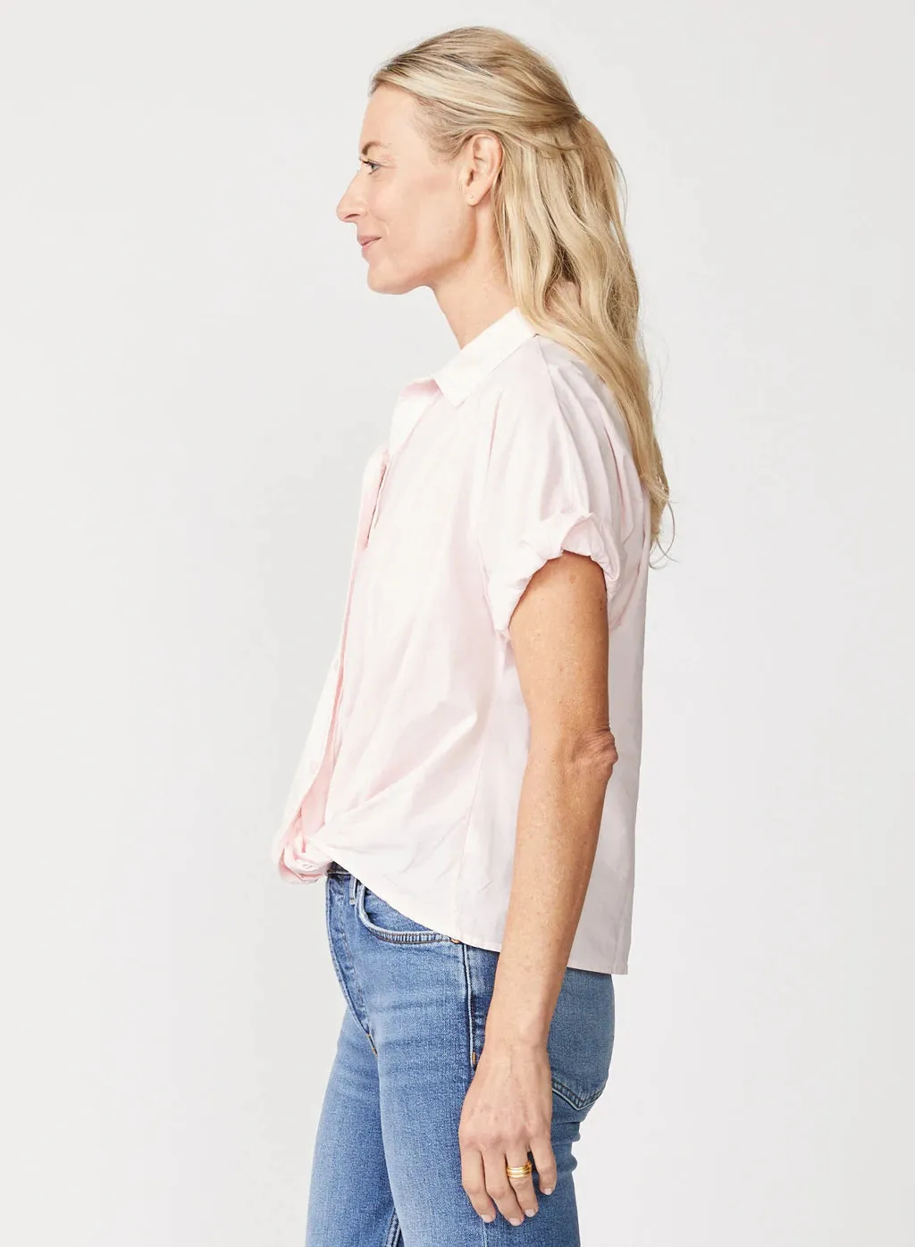 Stateside Women's Poplin Short Sleeve Front Twist Button Up Shirt - White