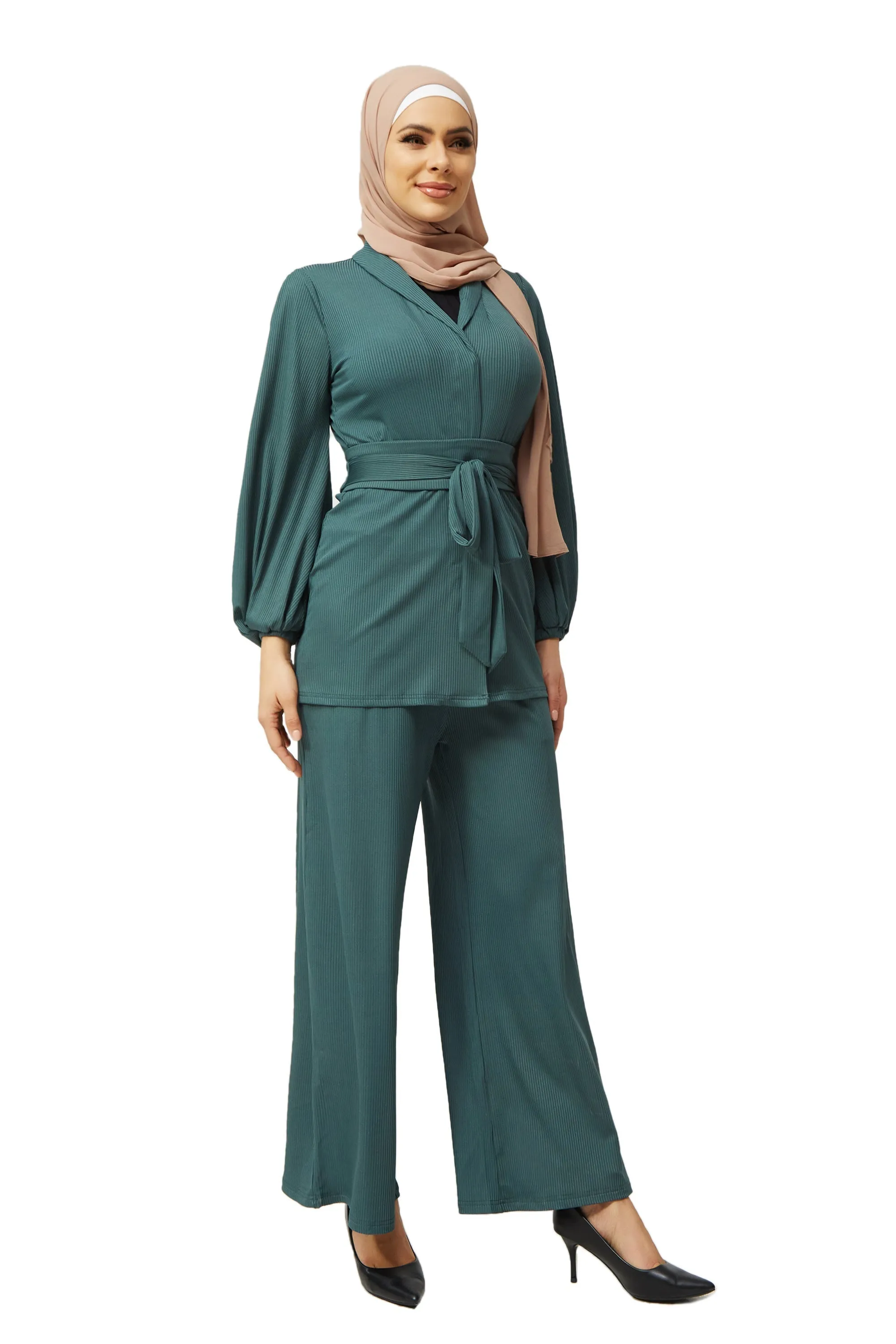 Teal Belted Ribbed Tunic & Pants Set-