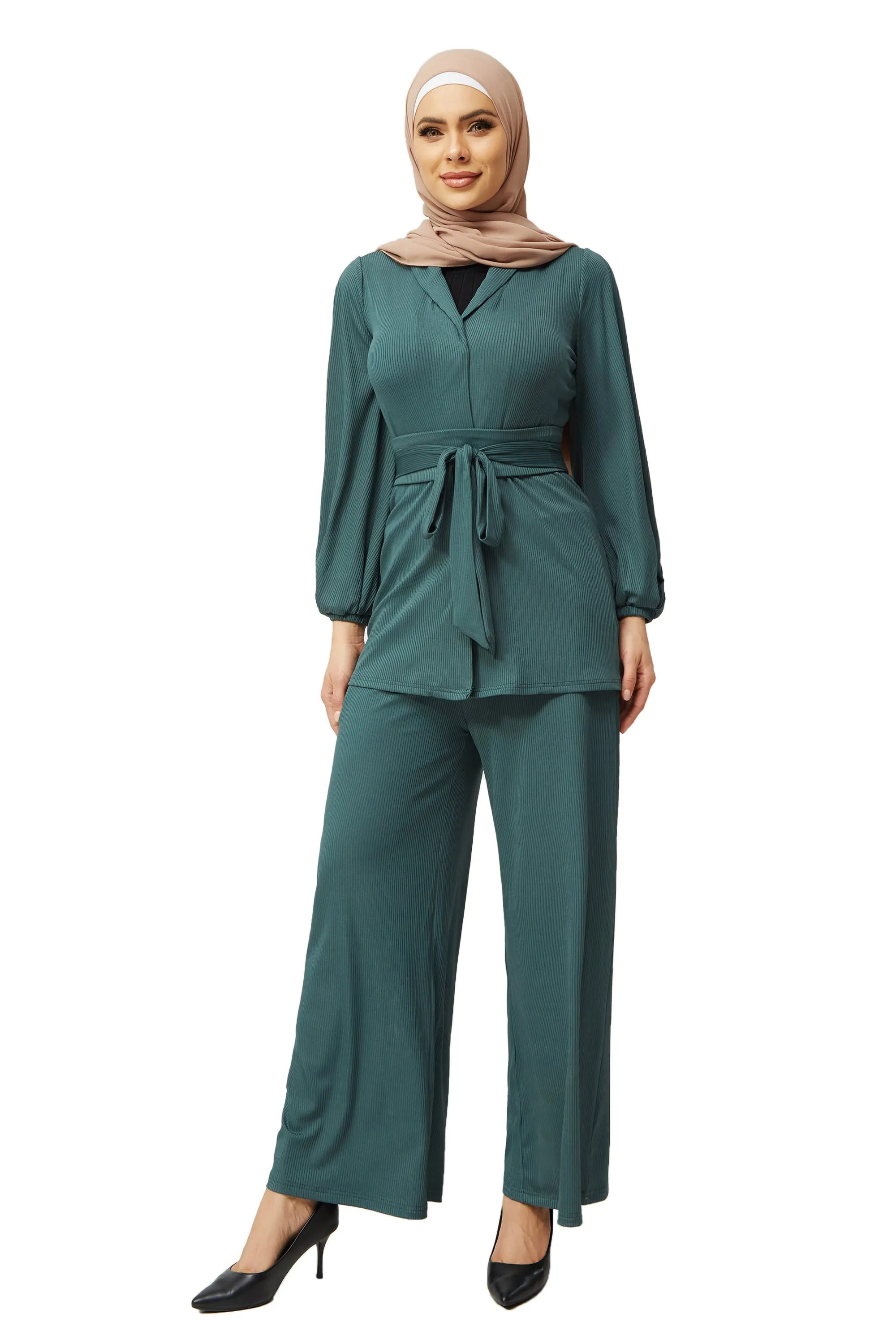 Teal Belted Ribbed Tunic & Pants Set-