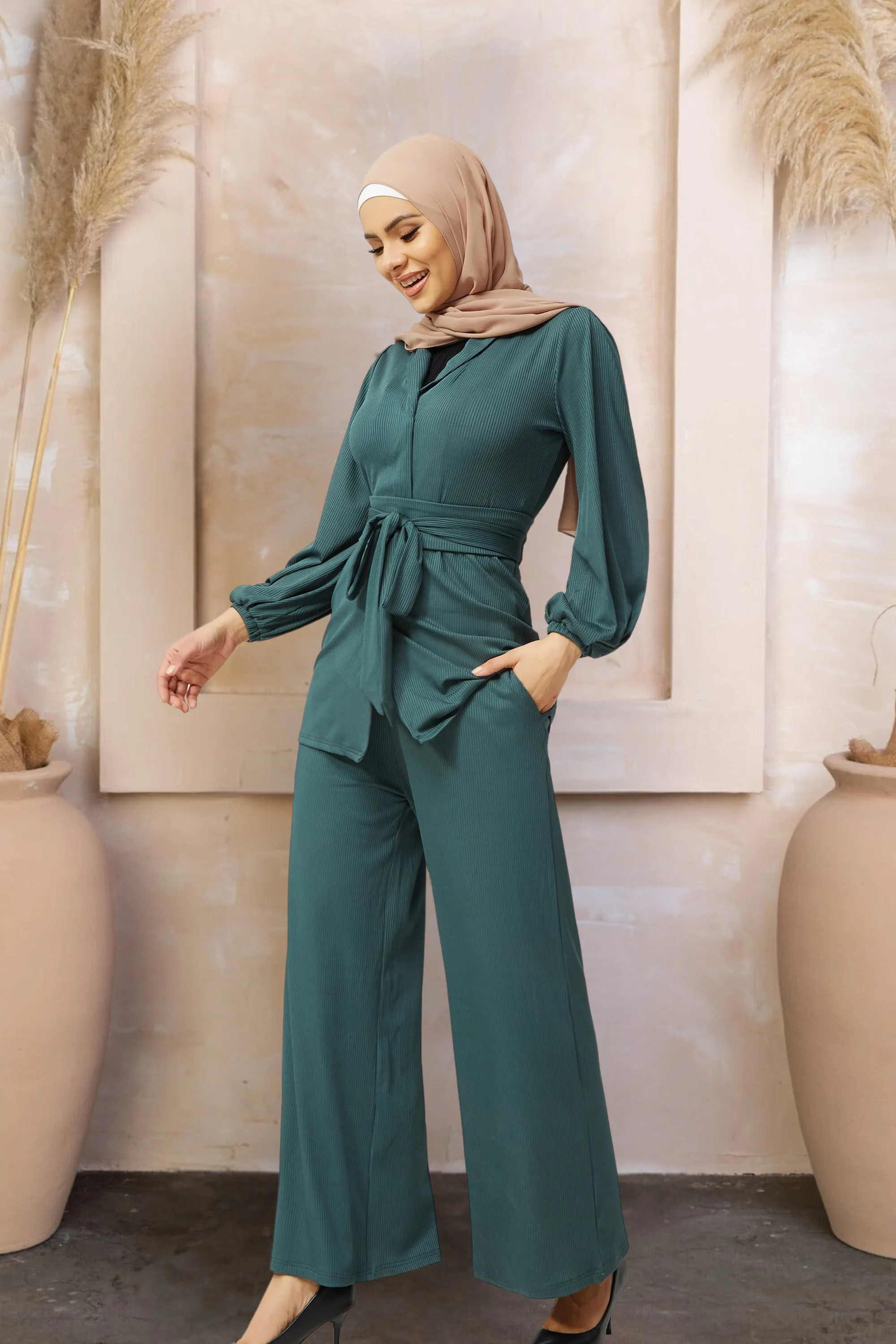 Teal Belted Ribbed Tunic & Pants Set-