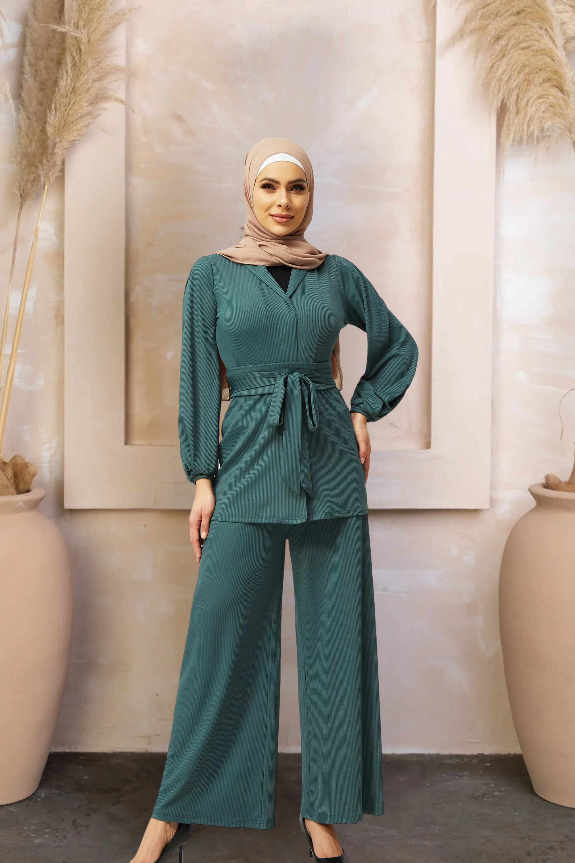 Teal Belted Ribbed Tunic & Pants Set-