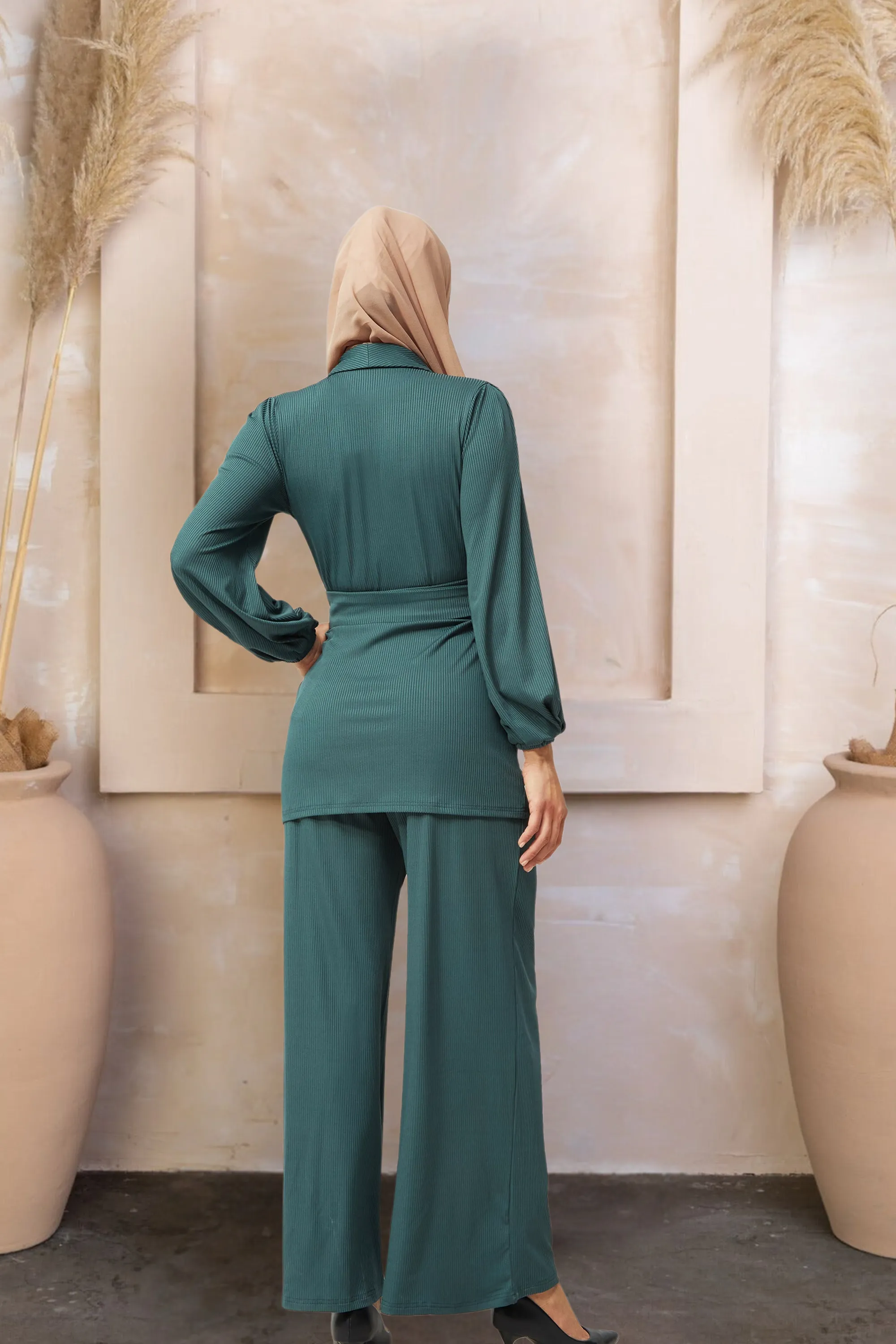 Teal Belted Ribbed Tunic & Pants Set-