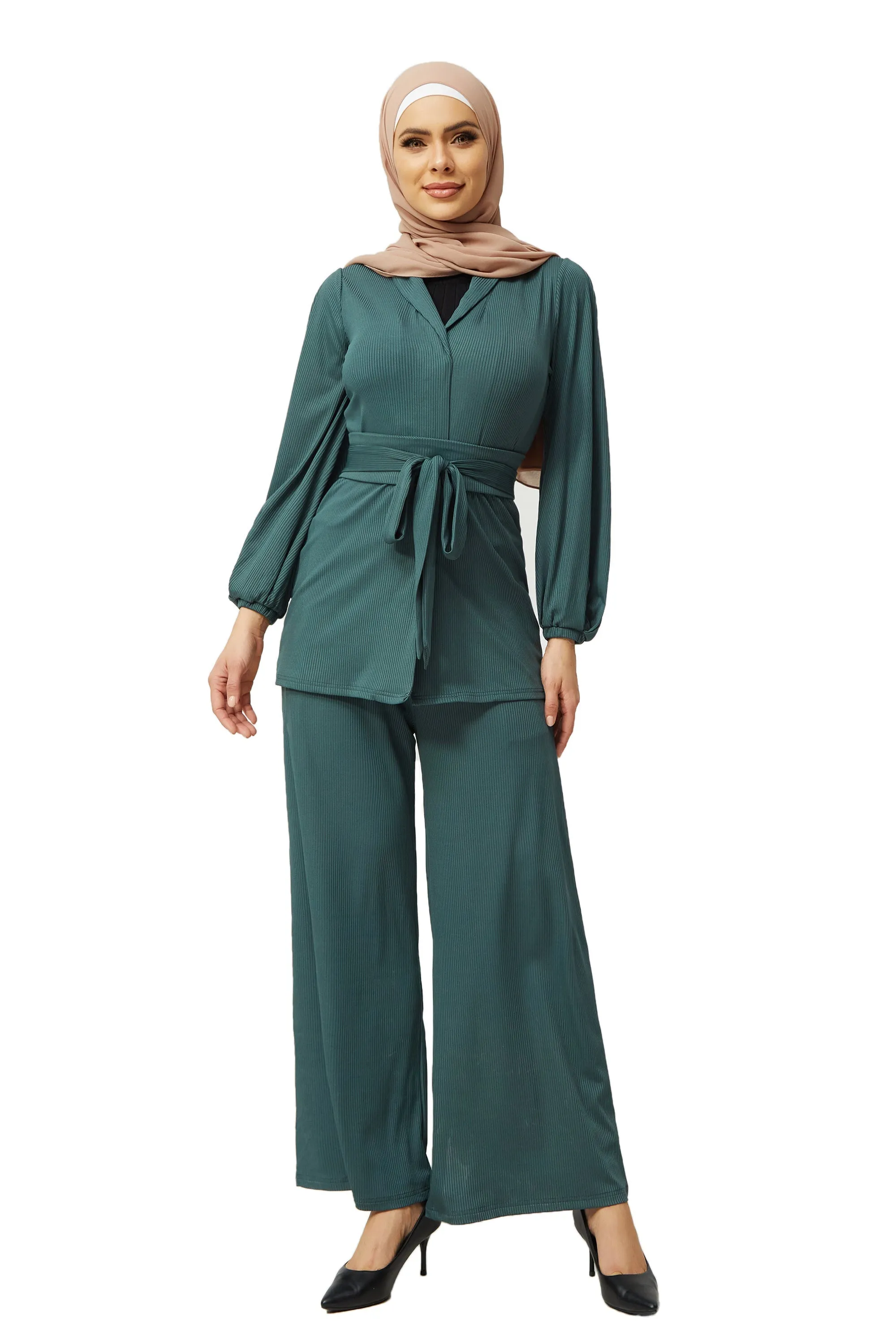 Teal Belted Ribbed Tunic & Pants Set-