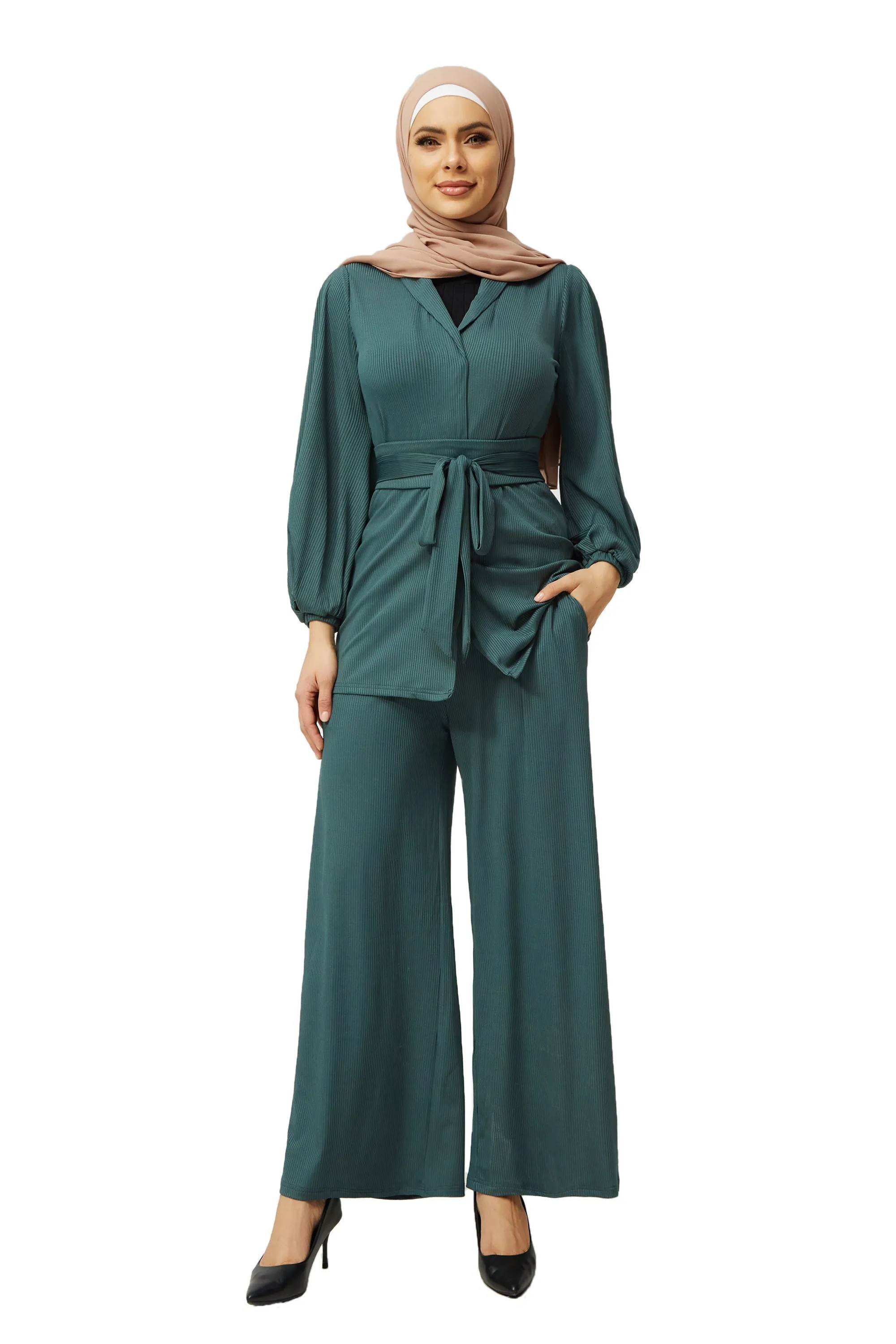 Teal Belted Ribbed Tunic & Pants Set-