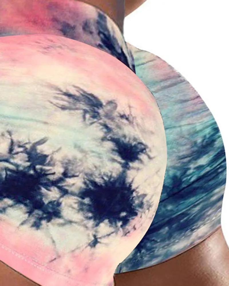 Tie Dye Print Drawstring Yoga Shorts