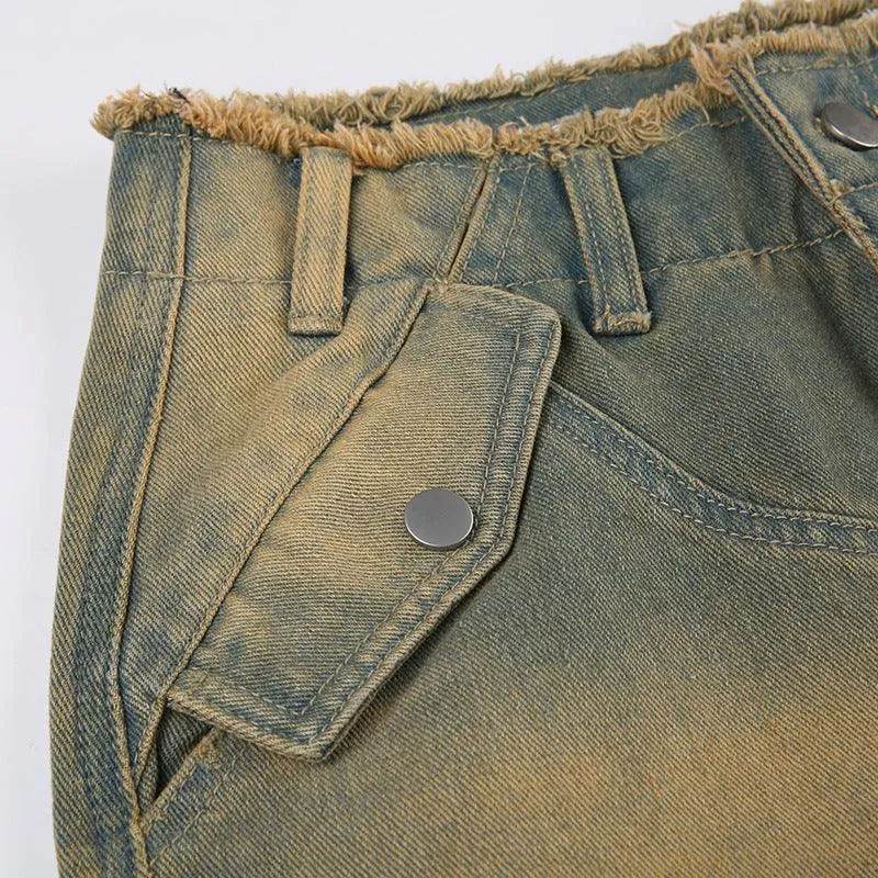 Vintage-Wash Raw Waistband Jeans