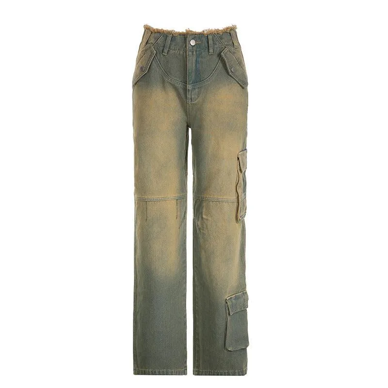 Vintage-Wash Raw Waistband Jeans