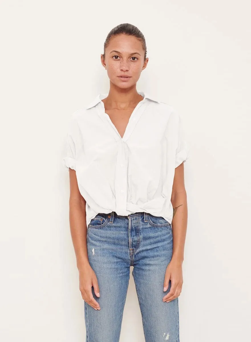 Voile Short Sleeve Front Twist Button Up Shirt in White